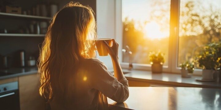 Person dricker kaffe i morgonsol vid ett fönster